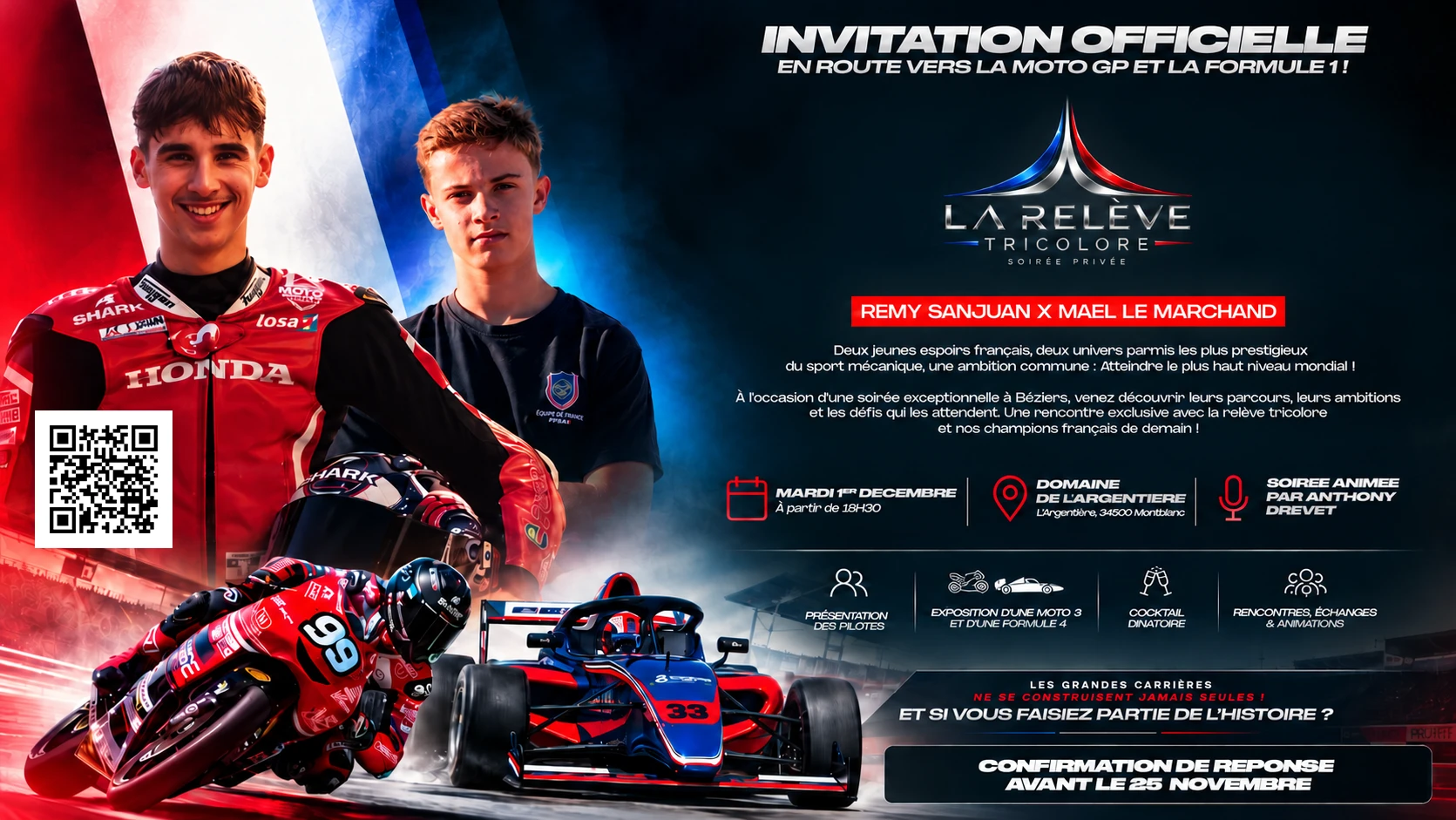 Invitation officielle La Relève Tricolore : Rémy Sanjuan × Maël Le Marchand, mardi 1er décembre à partir de 18h30, Domaine de l'Argentière, Montblanc